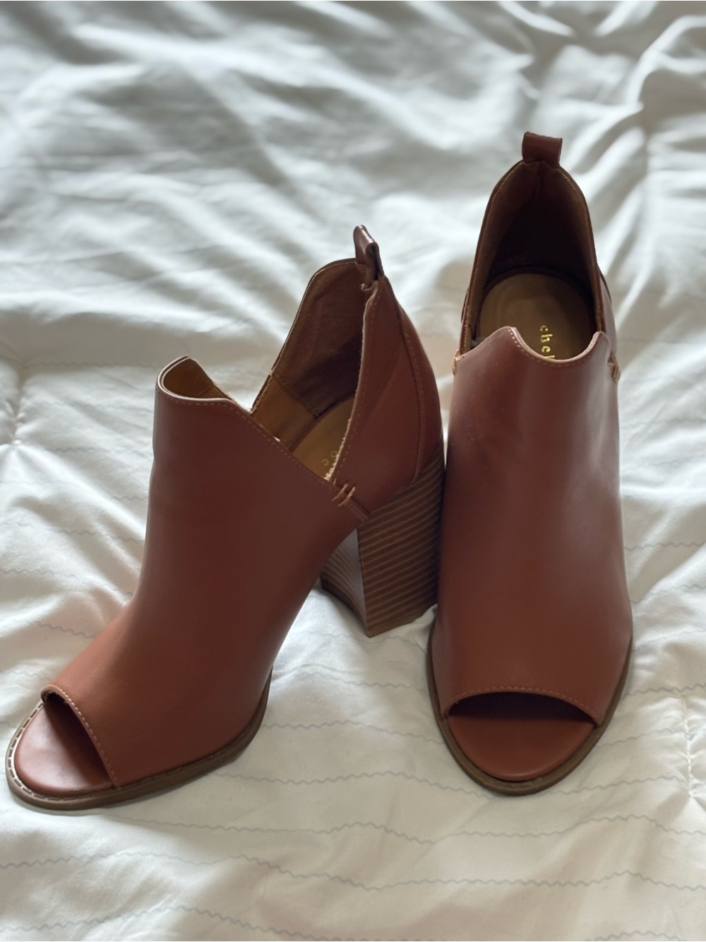Chelsea & Zoe Women's Open-Toe Block Heel Booties in Cognac Brown